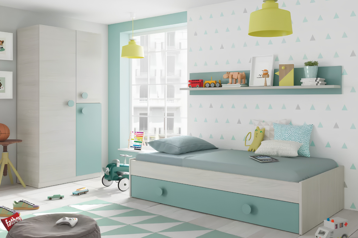 Dormitorio completo juvenil azul, con cama nido, estanteria y armario, decorado con complementos infantiles