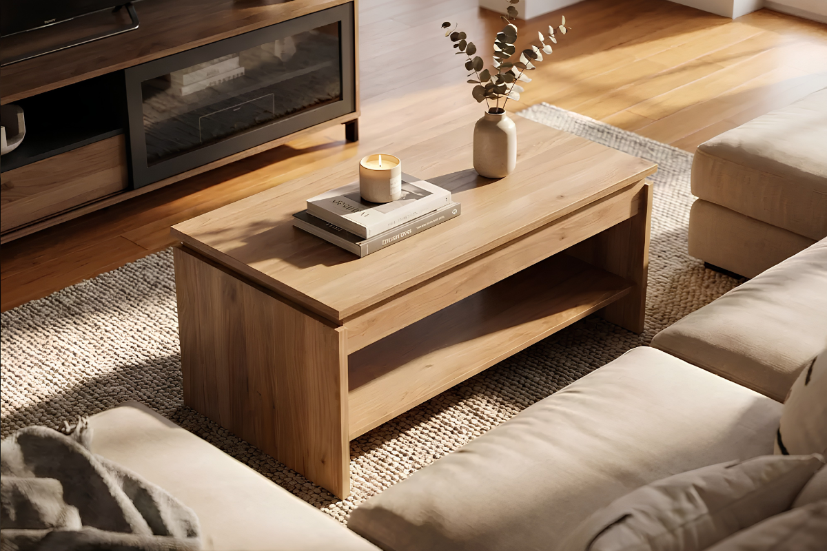 mesa de centro color madera elevable con jarrón.