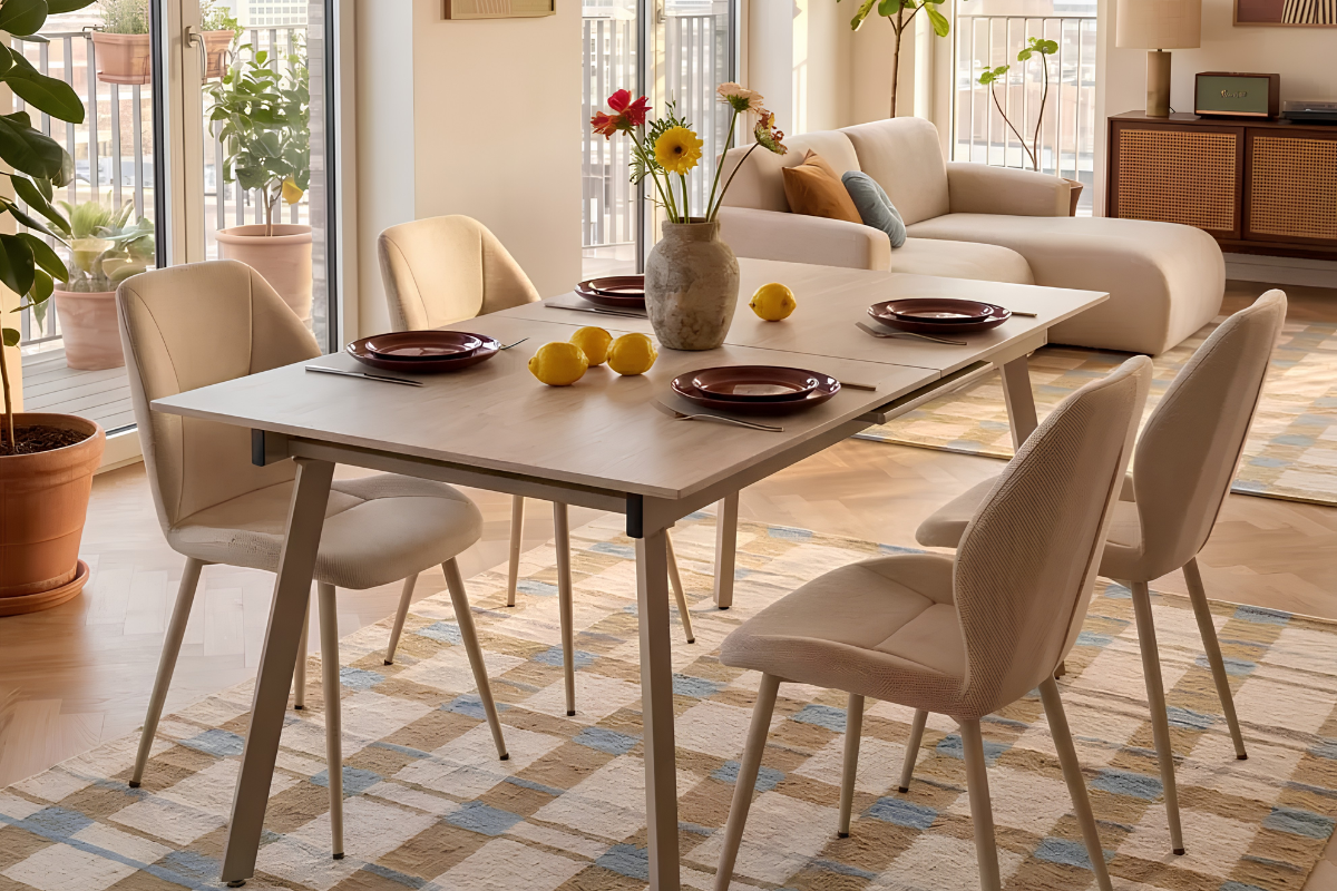 mesa de comedor extensible de cerámica, decorada con platos encima un jarrón y sillas de comedor 