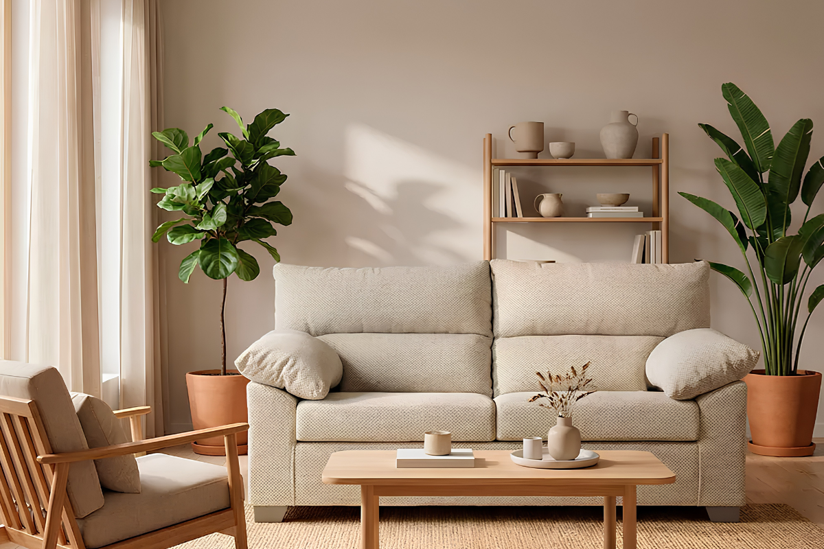 sofá de tres plazas tapizado de color beige, decorado con mesa de centro, estantería y butaca.