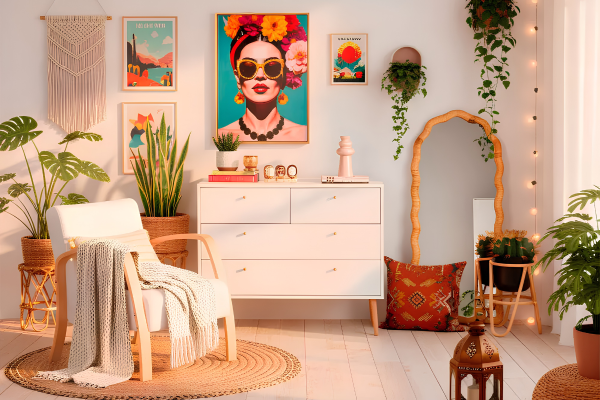 habitación decorada con cómoda de 4 cajones, un cuadro, decoración infantil y una butaca blanca
