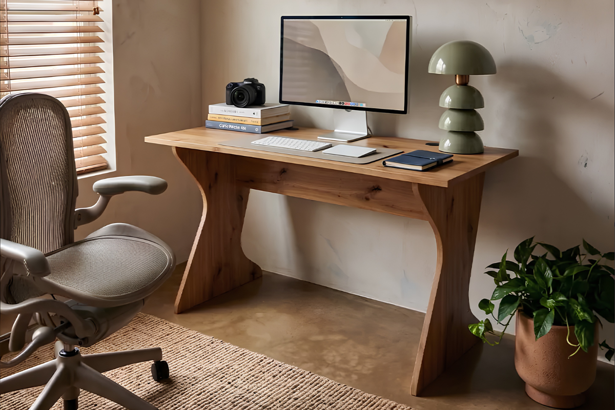 Mesa de estudio de acabado en madera con patas contorneadas, encima tiene un monitor y una lampara de mesa. Separada de la mesa hay una silla de estudio.