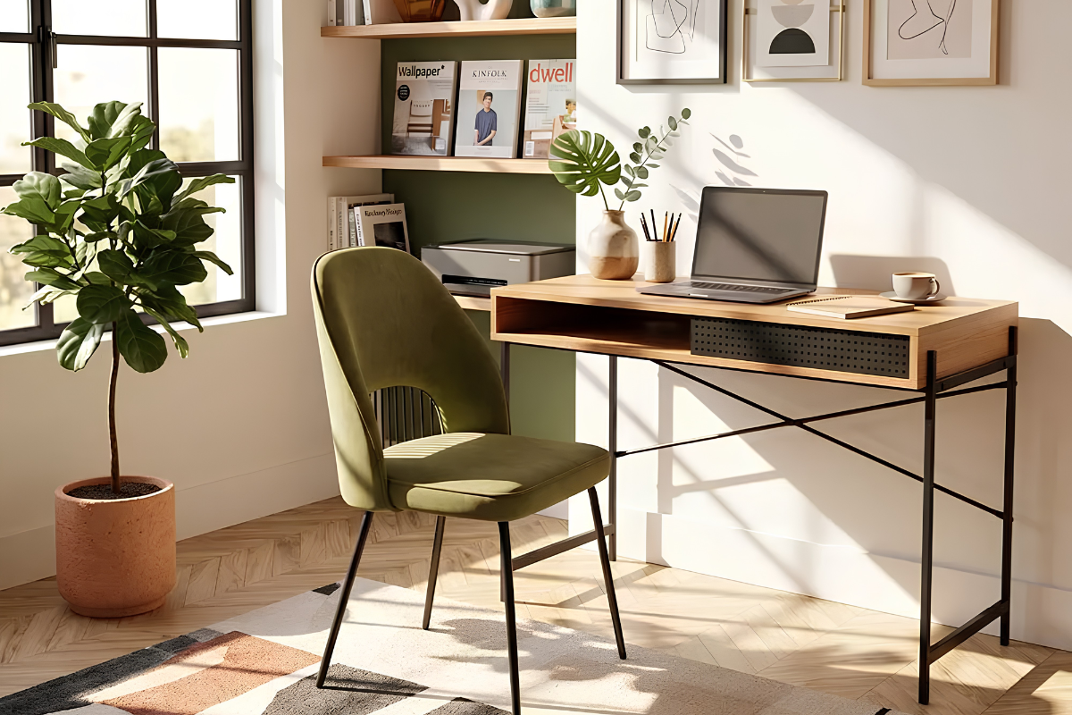 Mesa de estudio con patas metálicas con un portátil encima y una silla de estudio. Al lado hay una planta artificial decorativa.