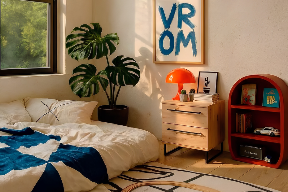 habitación decorada con mesita de noche junto a vitrina y cama y una cómoda, un cuadro y una planta artificial.