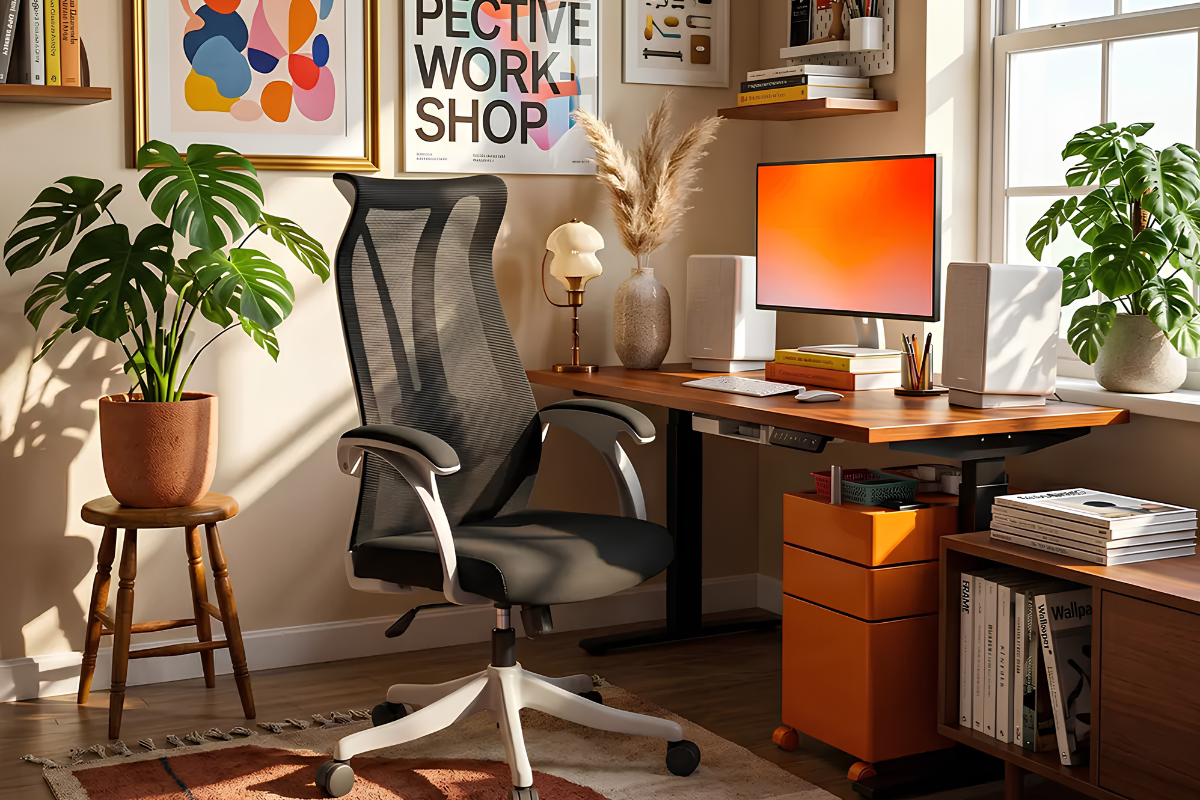silla de estudio negra frente a escritorio con un monitor, en una habitación decorada con cuadros y una planta decorativa.