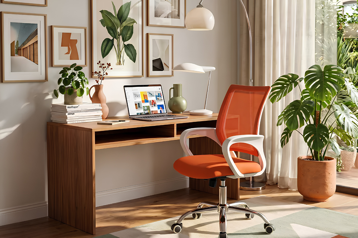 silla de estudio naranja en una habitación, frente a un escritorio de madera con un portátil y una planta decorativa.