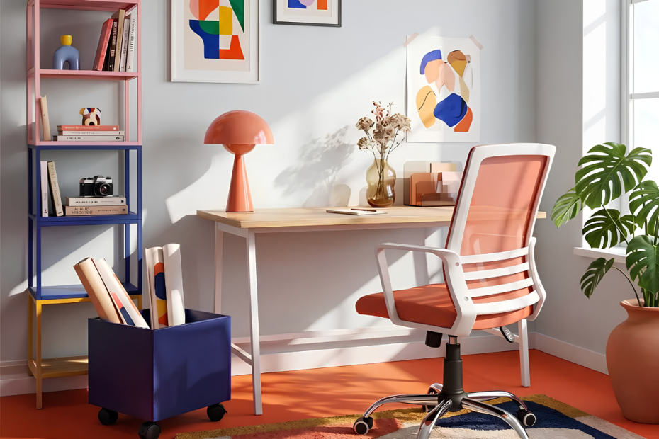 silla de escritorio naranja frente a escritorio con una planta decorativa al lado.