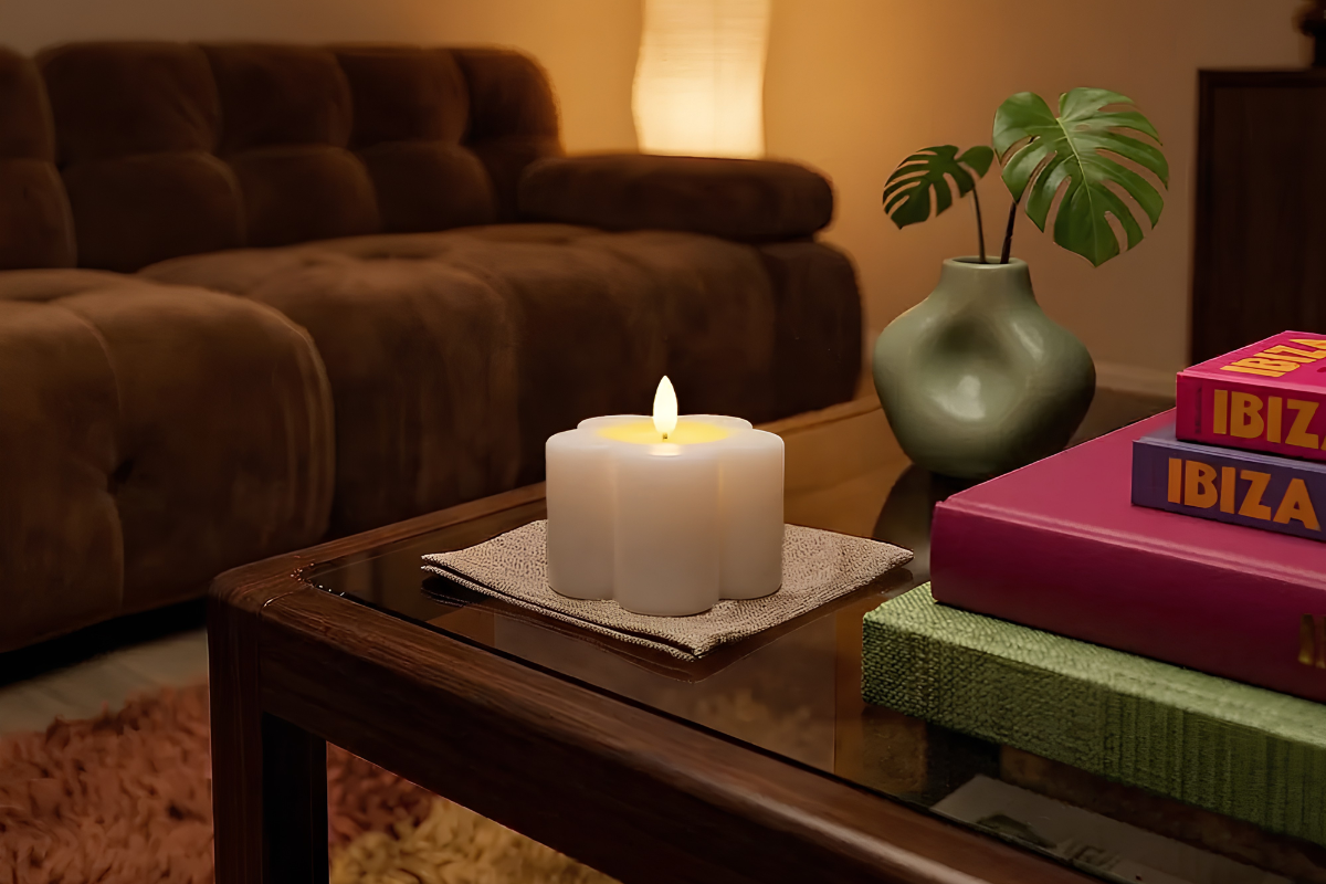 vela tipo led encendida, colocada como centro de mesa junto a un jarrón con flores y libros apilados
