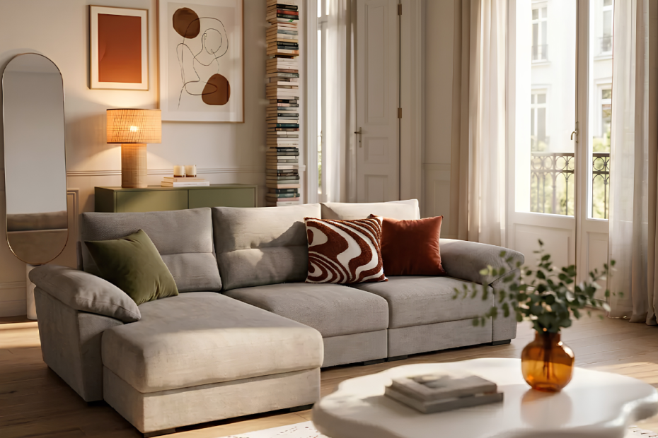 sofá chaiselongue gris con asientos deslizantes, decorado con dos cojines burdeos y una mea de centro con un jarrón y bandeja decorativa