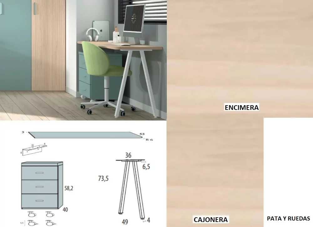 Mesa de estúdio com gaveta de roda corban SUITE