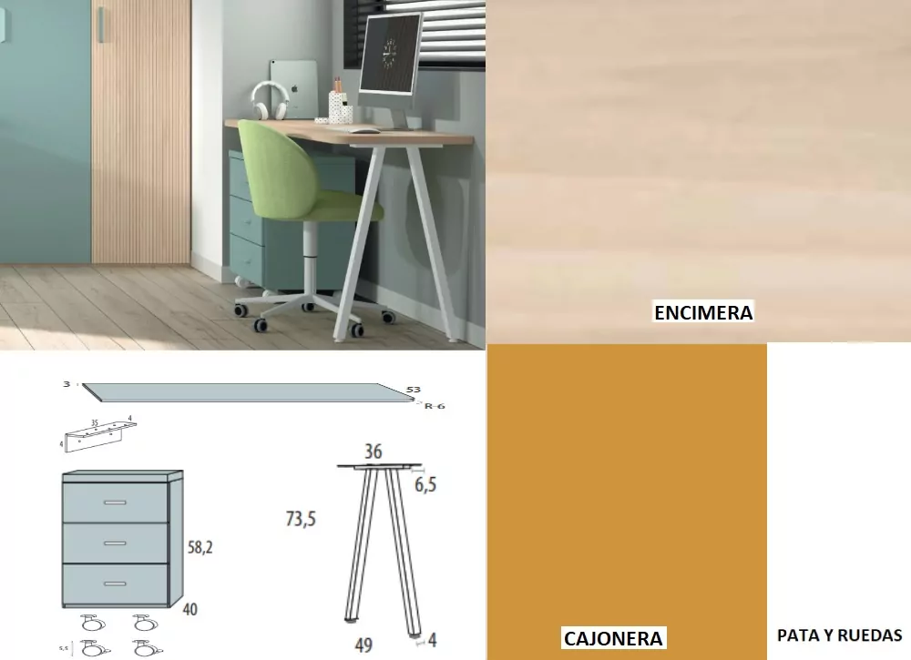 Mesa de estúdio com gaveta de roda corban SUITE