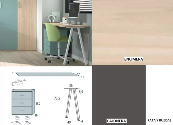 Mesa de estúdio com gaveta de roda corban SUITE