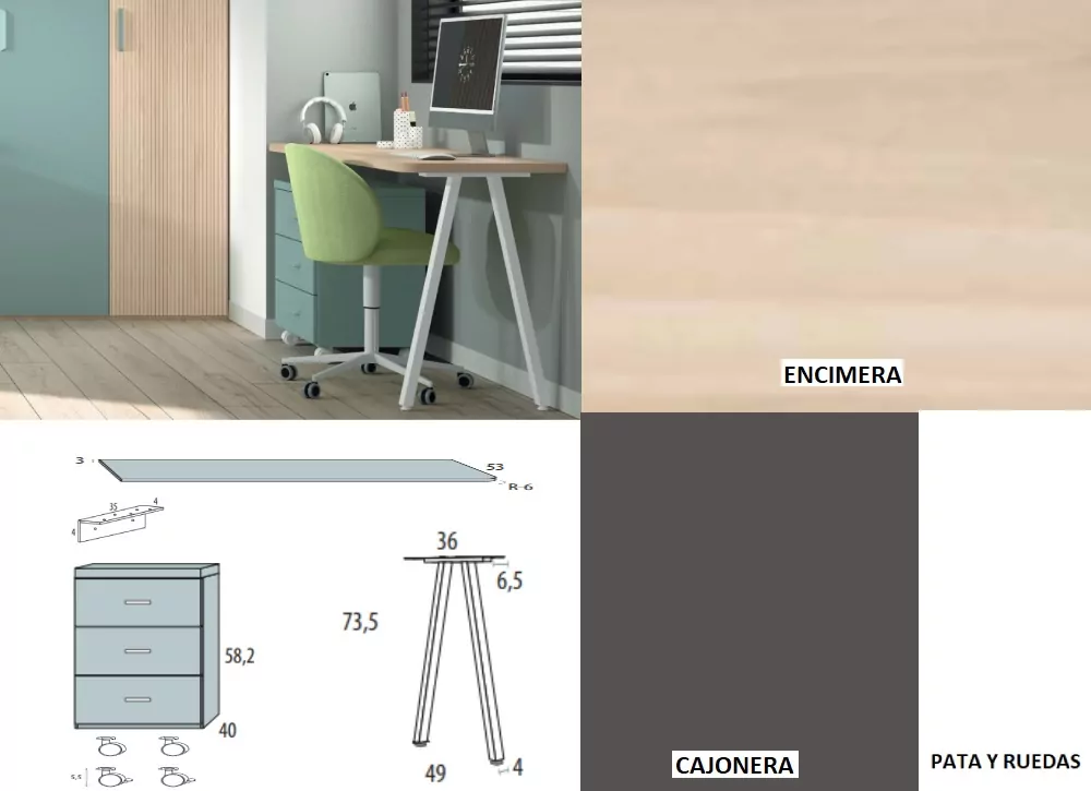 Mesa de estúdio com gaveta de roda corban SUITE