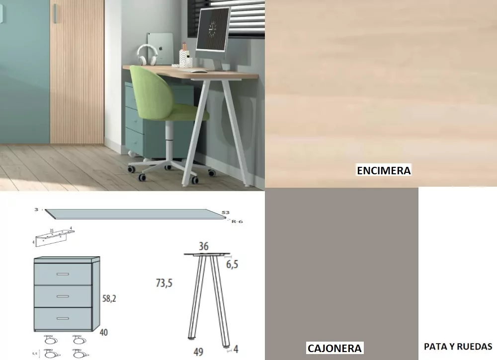 Mesa de estúdio com gaveta de roda corban SUITE