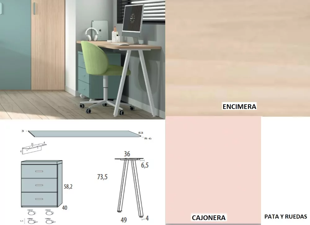 Mesa de estudio con cajonera de ruedas corban SUITE