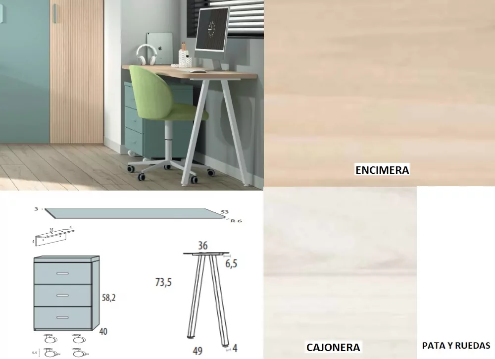 Mesa de estúdio com gaveta de roda corban SUITE