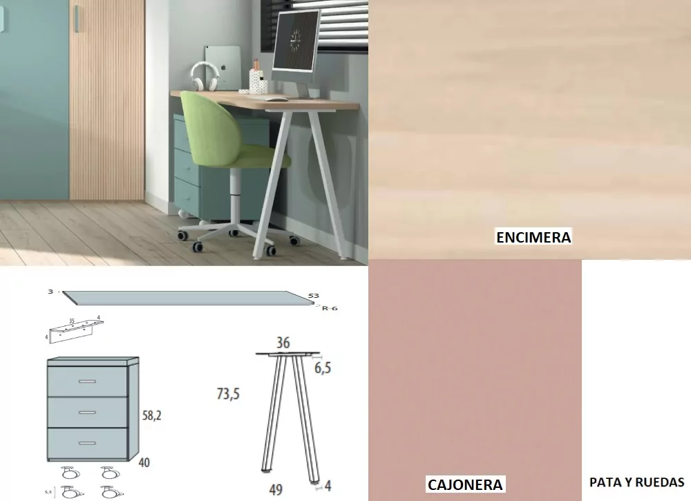 Mesa de estúdio com gaveta de roda corban SUITE