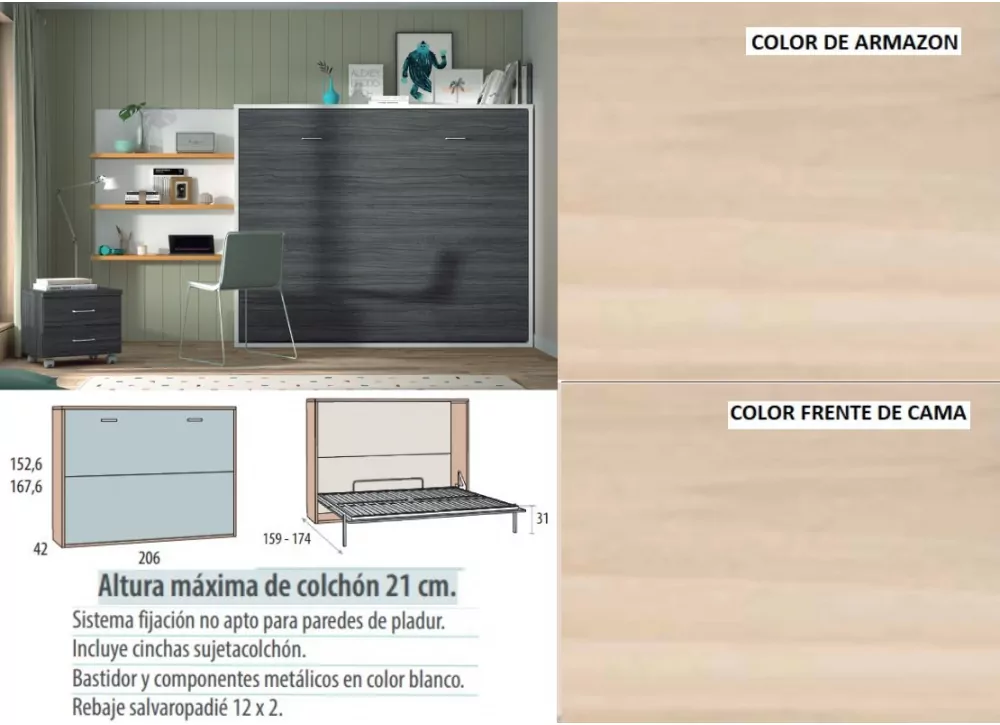 Cama dobrável horizontal 135 ou 150 x 190 Corban PLUS