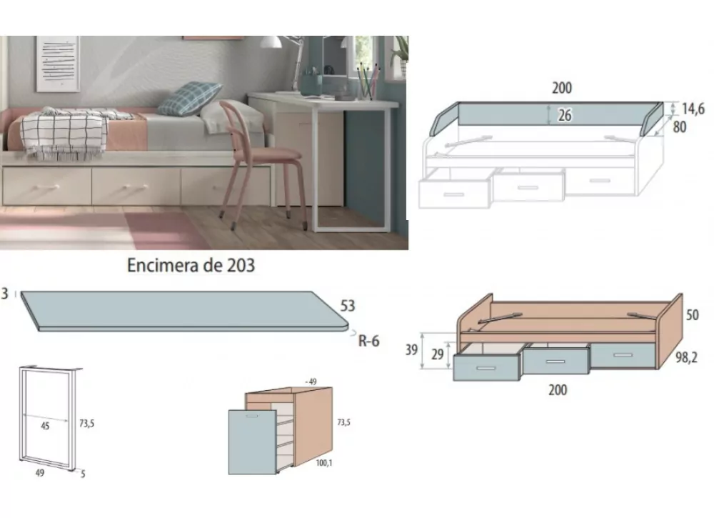 Armário de quarto sob gavetas com guias Corban PLUS
