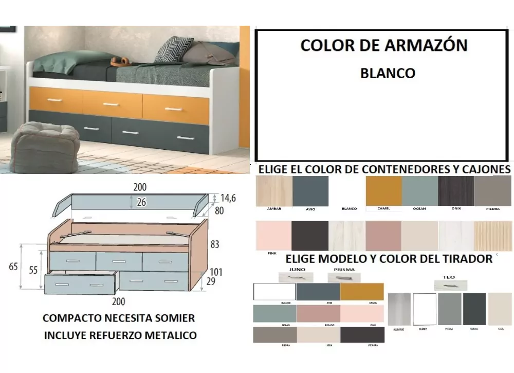 Cama compacto de 90 ó 105 con 3 contenedores y 2 cajones corban PLUS Cama compacto de 90 ó 105 con 3 contenedores y 2 cajones corban PLUS