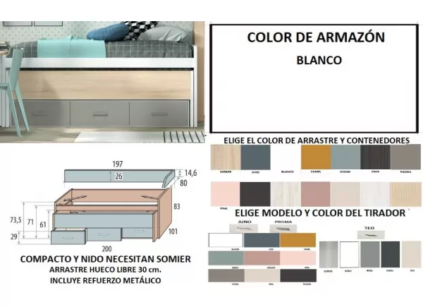 Cama compacta de 90 ó 105 con nido oculto y 3 contenedores corban PLUS
