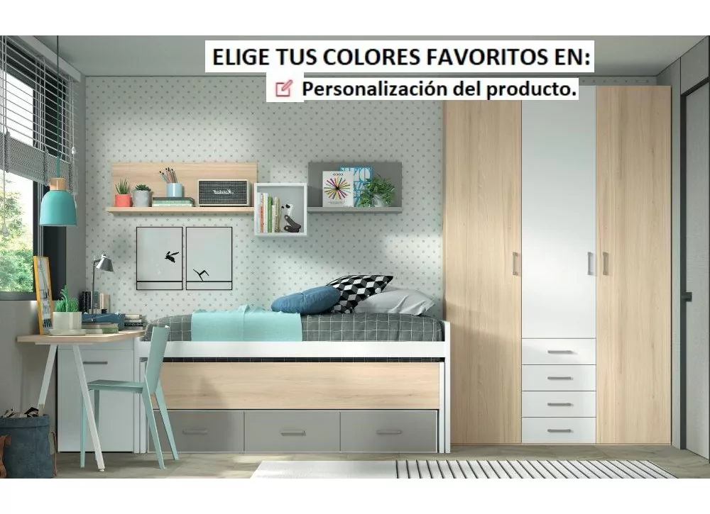 Cama compacta de 90 ó 105 con nido oculto y 3 contenedores corban PLUS