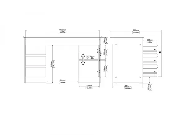 Mesa de estúdio com porta, 3 gavetas e furo GÉMINIS