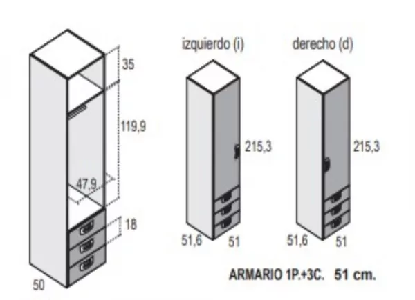Armarios de 1, 2 ó 3 puertas batientes con 3 cajones CLEO