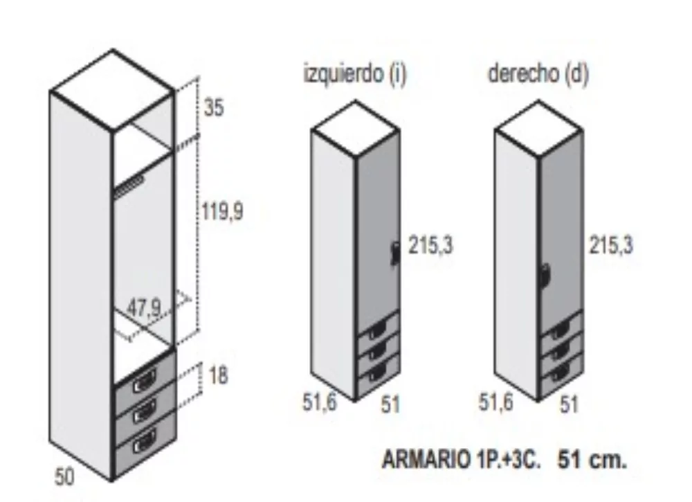 Armarios de 1, 2 ó 3 puertas batientes con 3 cajones CLEO