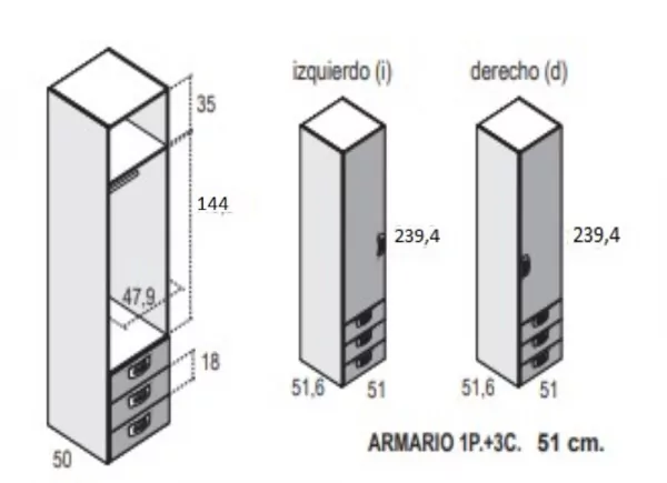 Armarios de 1, 2 ó 3 puertas batientes con 3 cajones CLEO