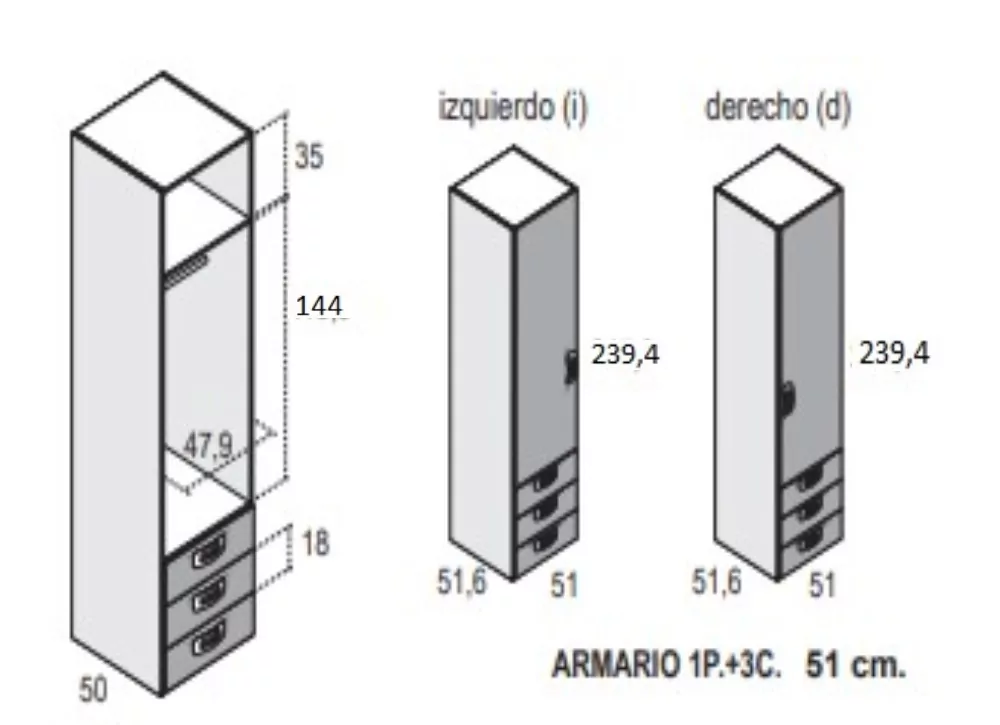 Armarios de 1, 2 ó 3 puertas batientes con 3 cajones CLEO