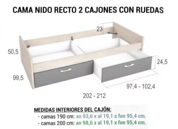 Cama de nide 90 ou 105 com duas gavetas com rodas CLEO Cama de nide 90 ou 105 com duas gavetas com rodas CLEO