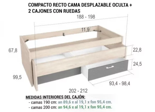 Cama de 90 ó 105 con cama oculta y 2 cajones CLEO Cama de 90 ó 105 con cama oculta y 2 cajones CLEO