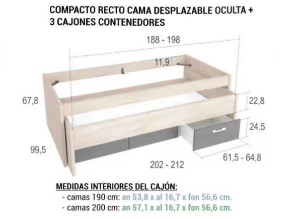 Cama superior de 90 ou 105 com cama oculta e 3 gavetas CLEO