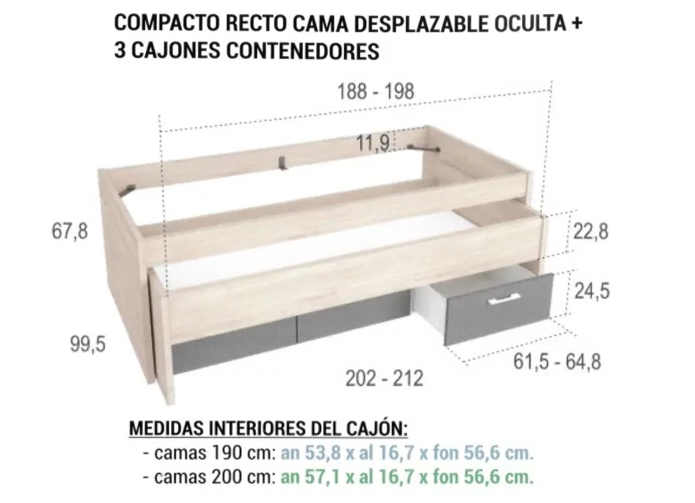 Cama superior de 90 ou 105 com cama oculta e 3 gavetas CLEO