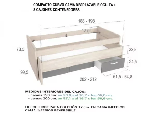 Compacto de 90 ó 105 con costado curvos y 3 cajones CLEO