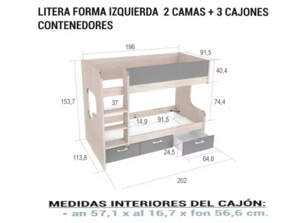 Litera forma 2 camas + 3 contenedores CLEO Litera forma 2 camas + 3 contenedores CLEO