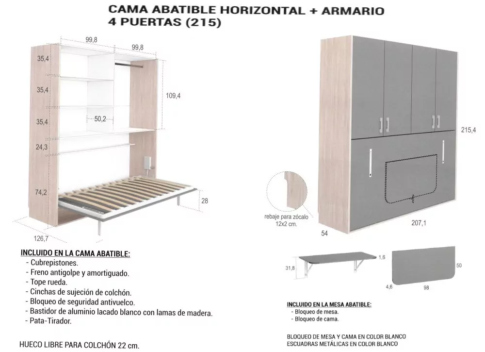 Cama dobrável horizontal com armário CLEO Cama dobrável horizontal com armário CLEO