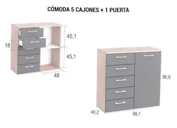 Cómoda 5 cajones + 1 puerta CLEO Cómoda 5 cajones + 1 puerta CLEO
