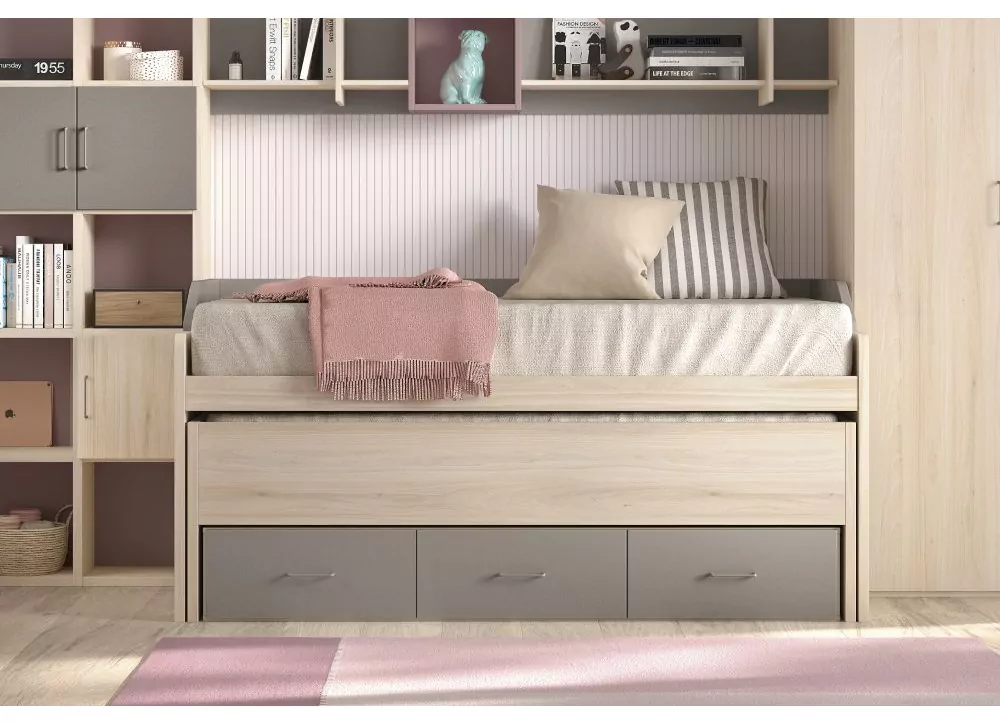 Cama compacta de 90 ou 105 com ninho escondido e 3 recipientes de corbano PLUS