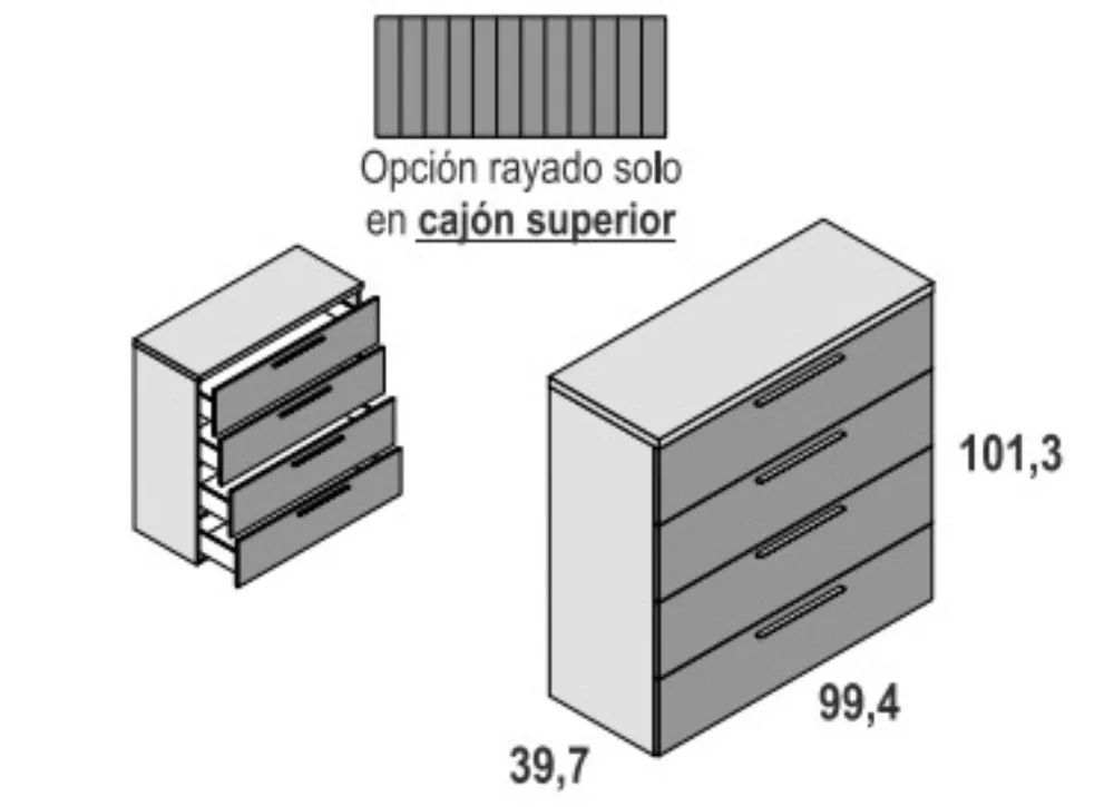 Cómodas FLORIDA 2 com 3 ou 4 gavetas, sem pés