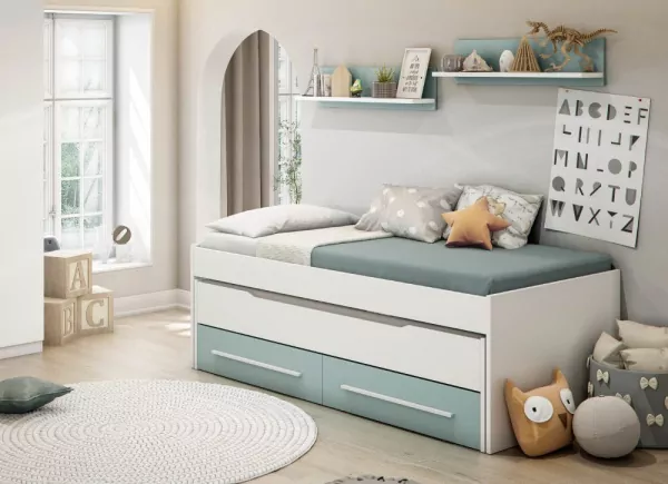 Cama doble con 2 cajones + 2 estantes pared JAIPUR