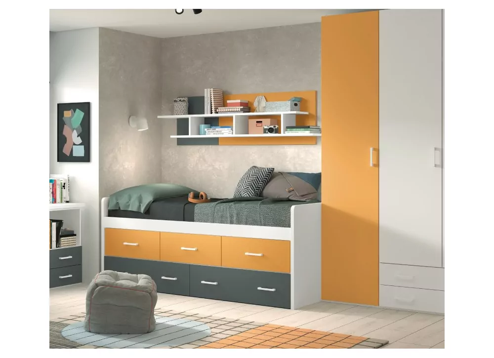 Cama compacta de 90 ou 105 com 3 recipientes e 2 gavetas cortadas PLUS Cama compacta de 90 ou 105 com 3 recipientes e 2 gavetas cortadas PLUS