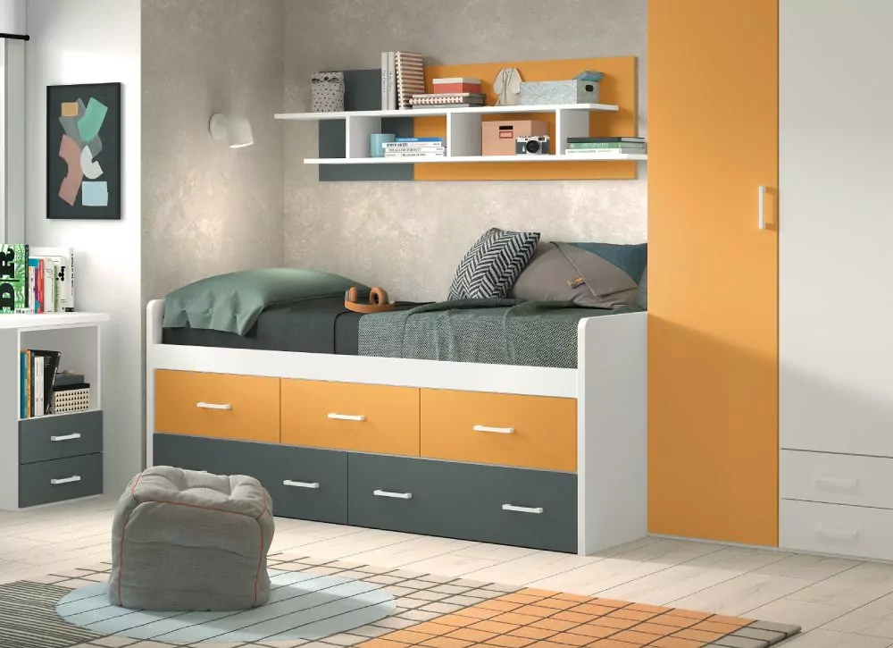 Cama compacta de 90 ou 105 com 3 recipientes e 2 gavetas cortadas PLUS Cama compacta de 90 ou 105 com 3 recipientes e 2 gavetas cortadas PLUS