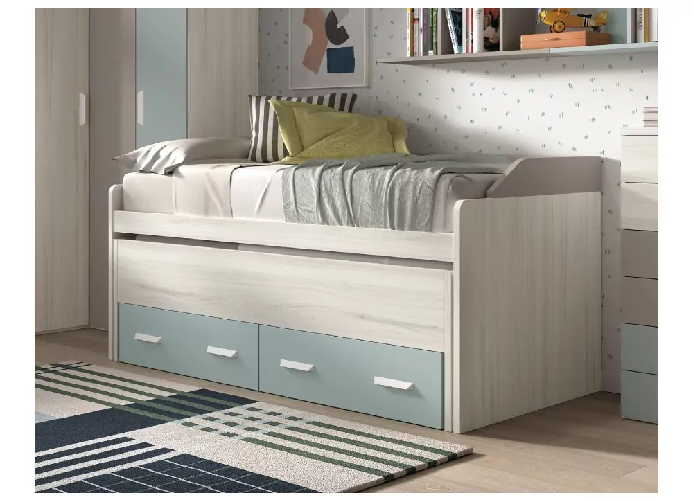 Cama compacta de 90 ou 105 com cama auxiliar oculta e 2 gavetas CORBAN PLUS Cama compacta de 90 ou 105 com cama auxiliar oculta e 2 gavetas CORBAN PLUS