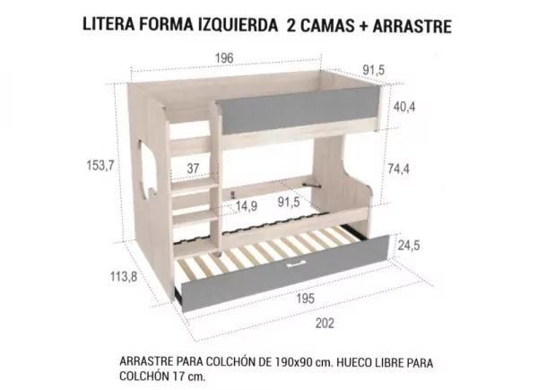 Litera forma 2 camas + nido en blanco CLEO Litera forma 2 camas + nido en blanco CLEO