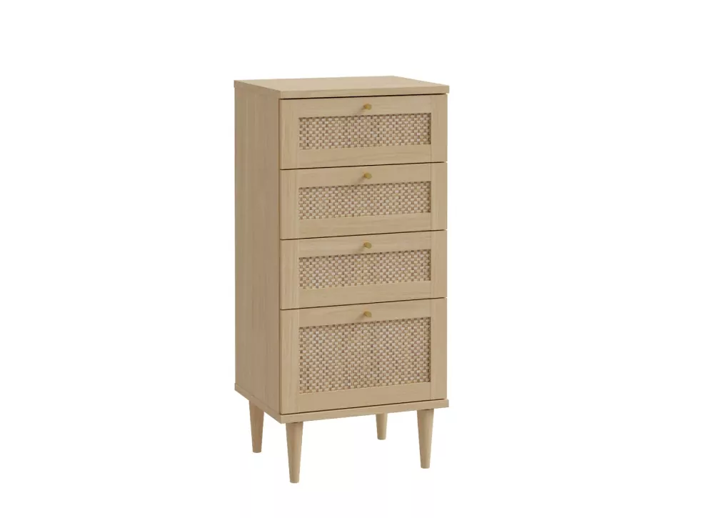 Cómoda alta com 3 gavetas e 1 compartimento em faia e rattan CALABRIA Cómoda alta com 3 gavetas e 1 compartimento em faia e rattan CALABRIA