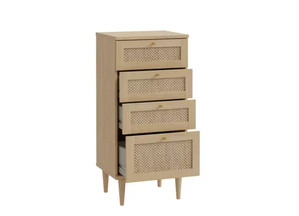 Cómoda alta com 3 gavetas e 1 compartimento em faia e rattan CALABRIA Cómoda alta com 3 gavetas e 1 compartimento em faia e rattan CALABRIA