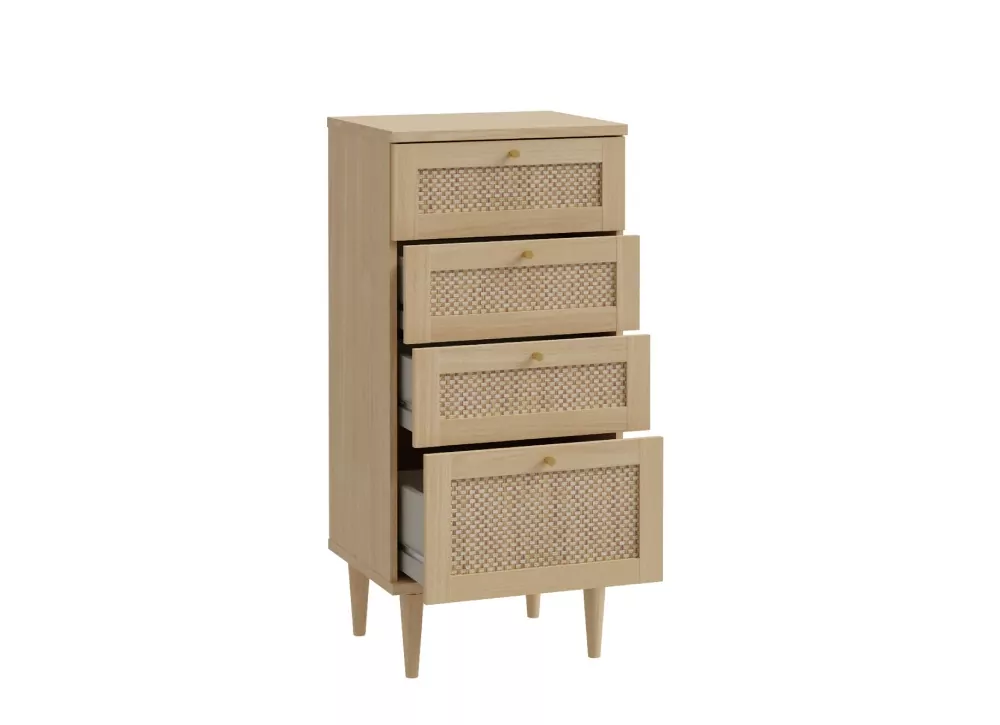 Cómoda alta com 3 gavetas e 1 compartimento em faia e rattan CALABRIA Cómoda alta com 3 gavetas e 1 compartimento em faia e rattan CALABRIA