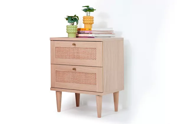 Mesita de 2 cajones haya y ratán CALABRIA